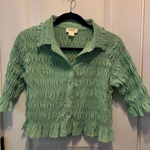 Anthropologie Maeve Women’s Lime Green Smocked Button-Front Cropped Top Size S